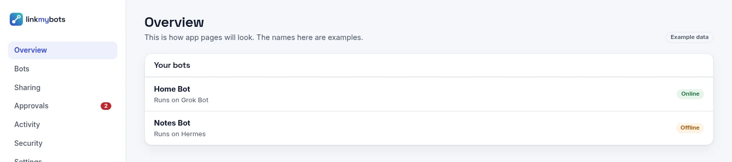The linkmybots Overview page listing two example bots: Home Bot, which runs on Grok Bot, and Notes Bot, which runs on Hermes.